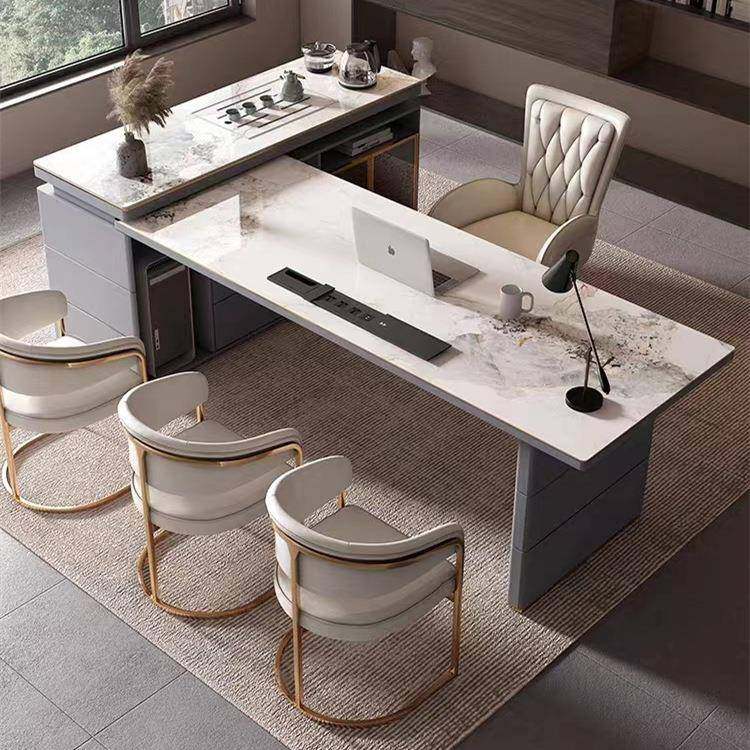 轻奢书桌茶桌一体岩板多功能现代老板简约转角家用办公桌电脑桌子