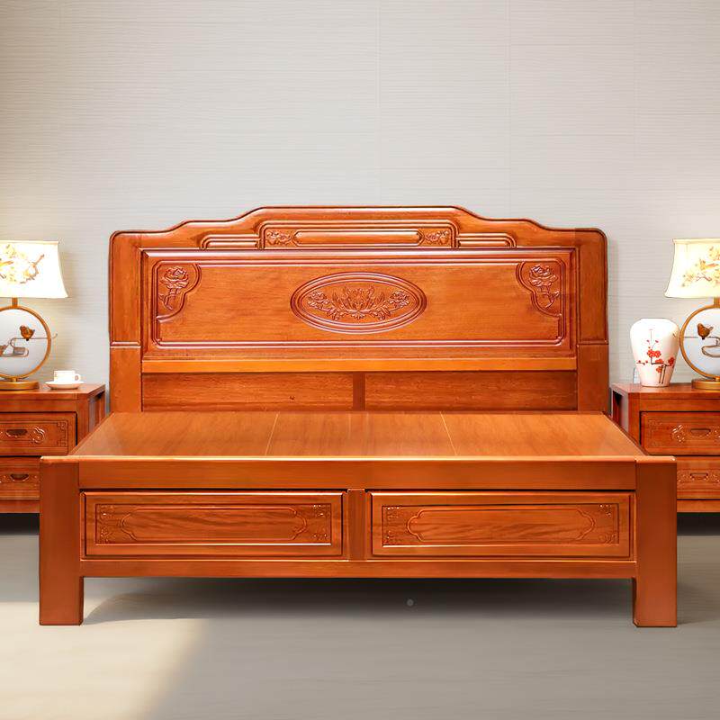 金花木实木床梨1.8米QJI双人床格木雕大床卧室明清中式古花典仿古
