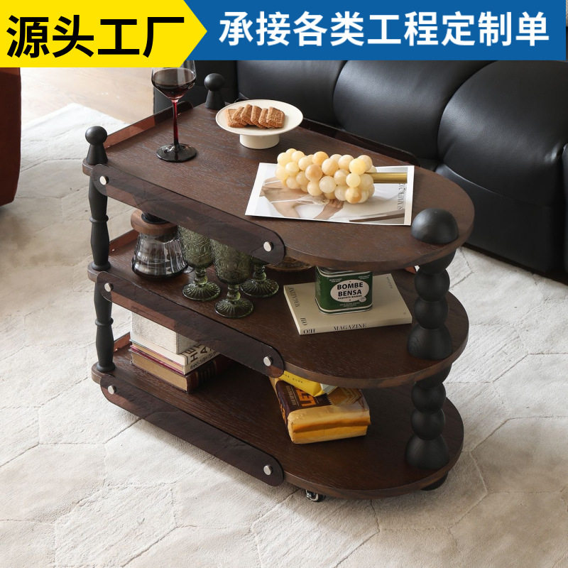 新款美式中古风复古实木家用移动小车沙发边几客厅沙发收纳置物架