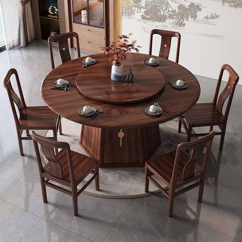新中式乌金全实桌木餐桌椅组合仿yt-w806古餐圆桌转盘家木用形饭