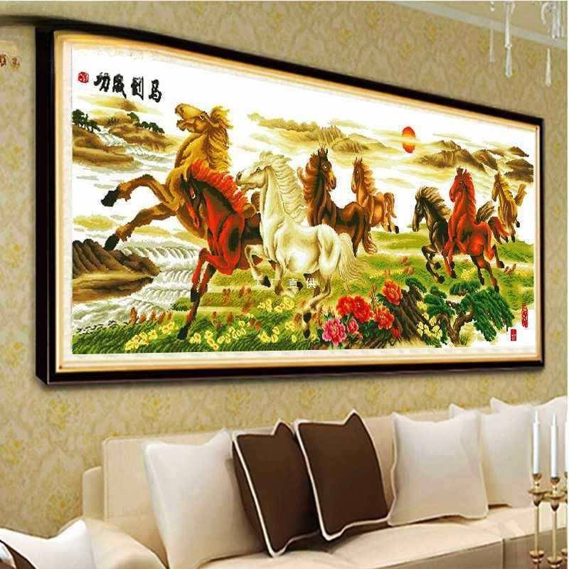 电脑厅机绣十字绣成现品已绣F87T78JJ好马到功八骏图棉布客代成动