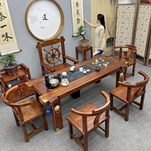 实木茶桌木椅体组合一桌五椅办公室轻一套奢装4694家用茶几老船泡