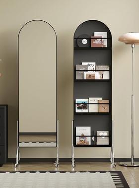 可移动镜收纳镜轻奢风地落式全身书报展示置物架旋转身镜可移QTG