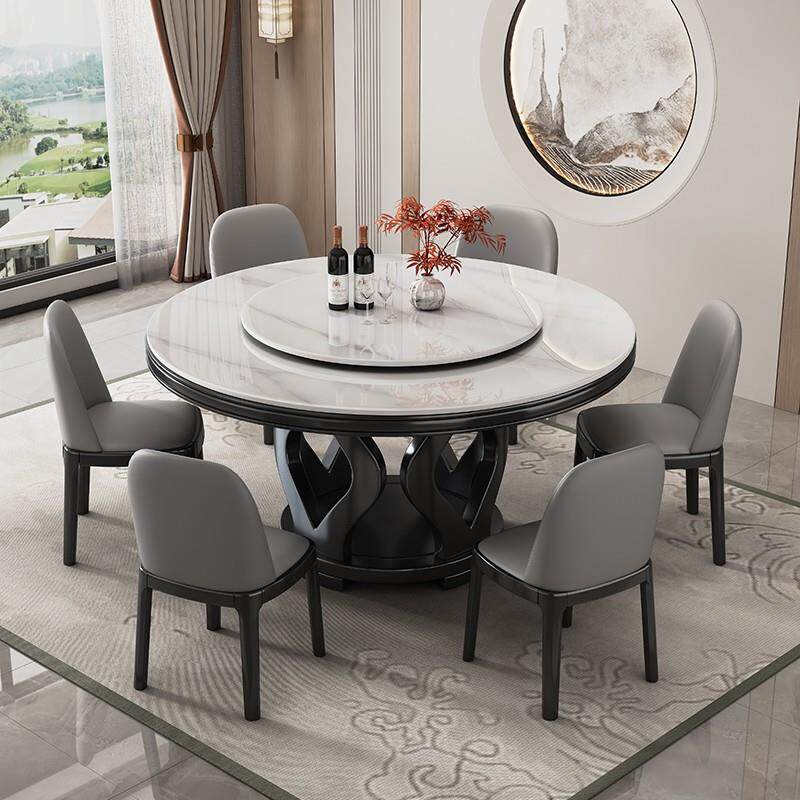 实木高端岩板餐桌椅组合现代简约小户型圆形家用圆桌带转盘饭桌子