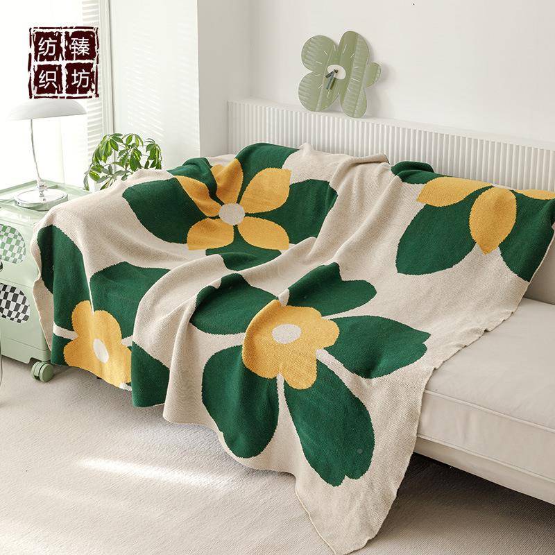 全棉轻薄花毛线针朵织FLZ盖办公午休毯沙巾家发居软装毯配饰