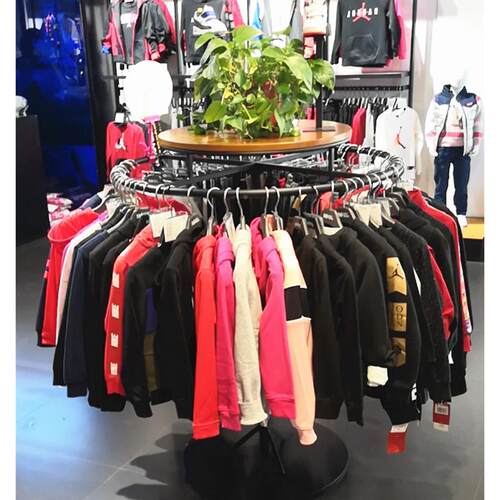 f服装店展示架铁实艺木加粗形旋转落地式衣服t241挂架中岛陈列圆
