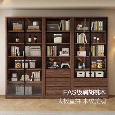 新中式木示书储物柜一体家用客厅靠实墙展柜柜置ULL物架带玻璃门
