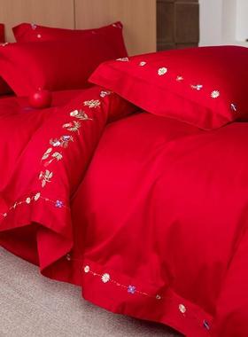 A类婚10S长棉四件套高精0密刺绣纯棉结婚大红色庆被736套绒床上用