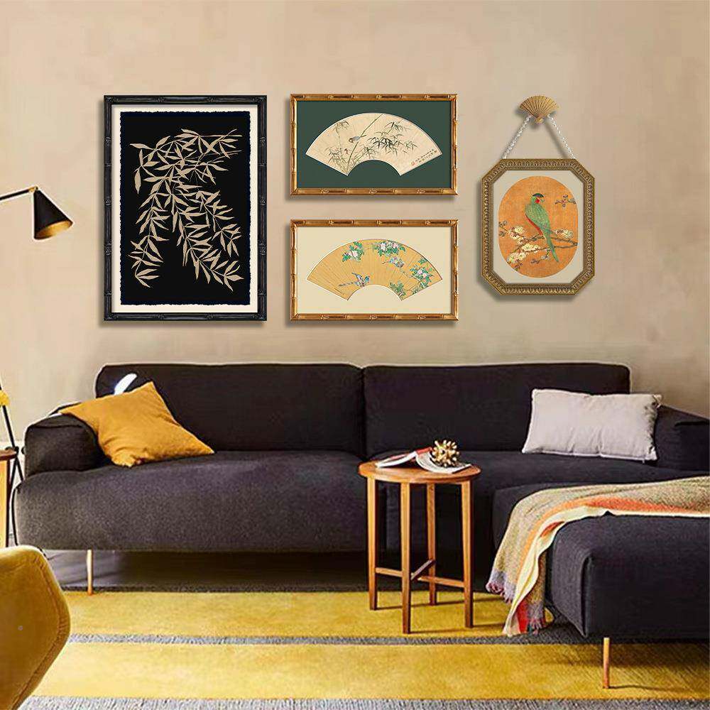 福禄花鸟扇面画法YSB式复客古国风中厅沙发背景面画新中式卧室挂