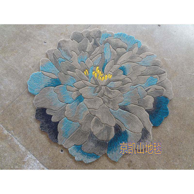 瓷中国地抽象蓝色青花风花朵圆形手工进口羊毛客574厅茶几毯餐厅