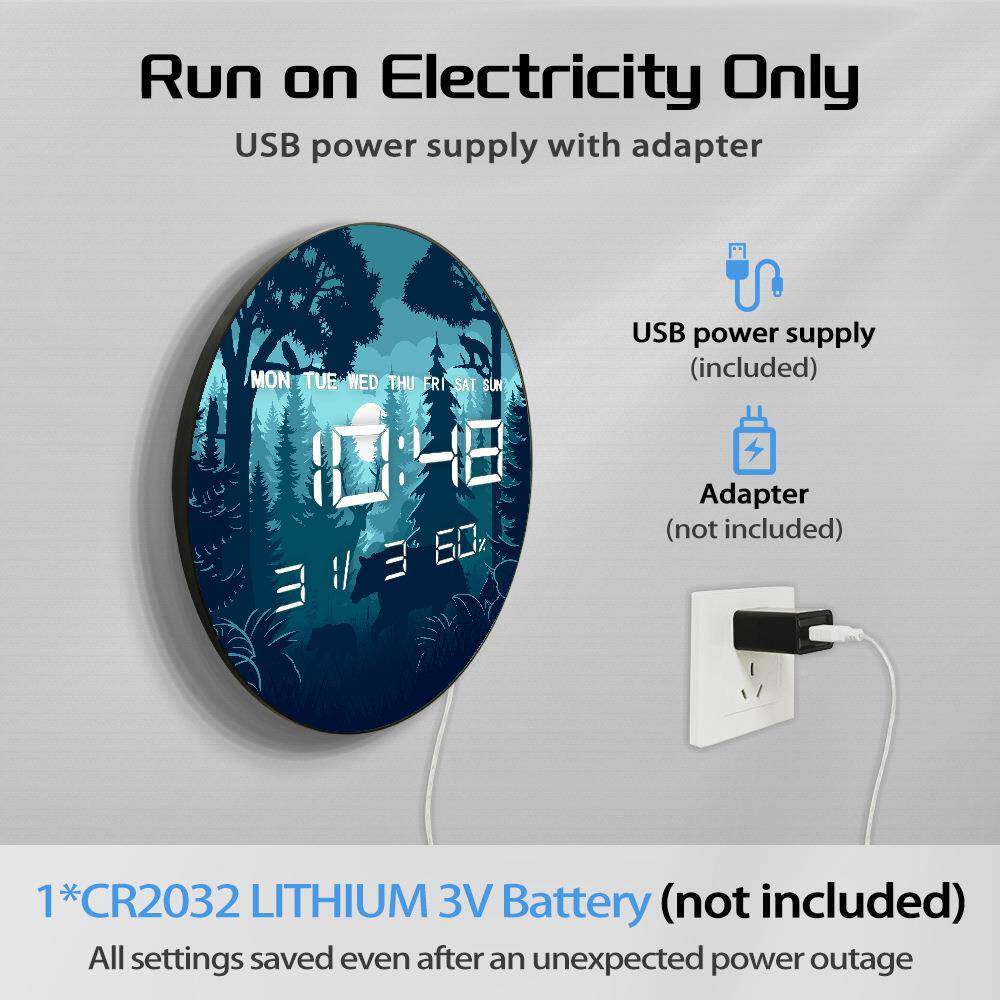 色下树林中夜的熊简约挂钟电子多功能用时钟带温静度CUC湿度音家