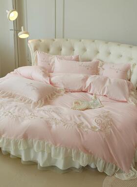 全棉圆床四件床笠床款端高公主风蓝色圆形套KSF床罩直径2.0m2裙.2