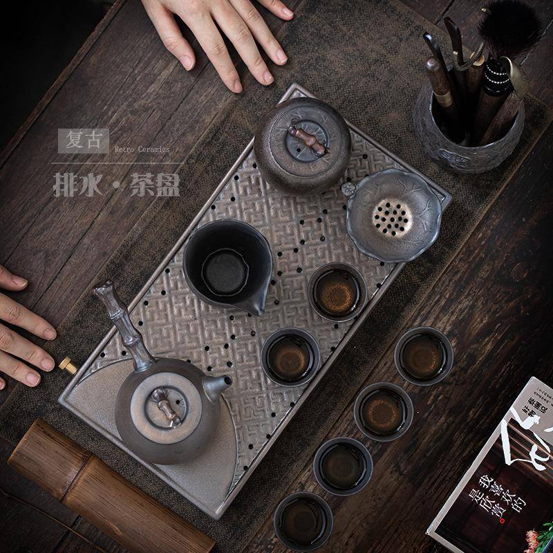 瓷用复干陶泡茶盘家排水644托盘古茶台长方形储水茶托盘中式简约