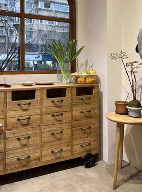 美式复古柜斗店柜花简约餐边柜做旧实木柜储轮子子抽屉矮SLC16柜