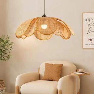 餐厅客吊灯日式 原木风创 编522织民宿编房间卧室厅灯藤花瓣意个性