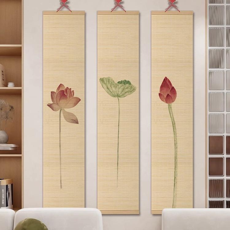新中式027印花玄厅关客茶餐厅楼装饰画隔断竹卷帘挂画竹窗帘