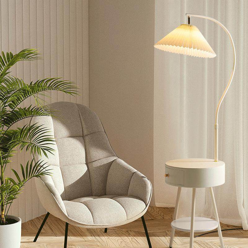 百褶落地灯客厅茶几置物架立式台灯奶油风卧室带床头柜抽屉一体灯