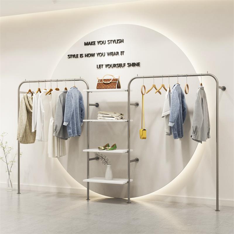 服装店挂衣杆带板落地式陈列不锈钢银色衣服架货架上墙展示架服饰