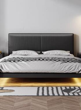 意式极简悬浮真皮床主卧室双人黑色网红轻奢现代简约薄床头悬空床