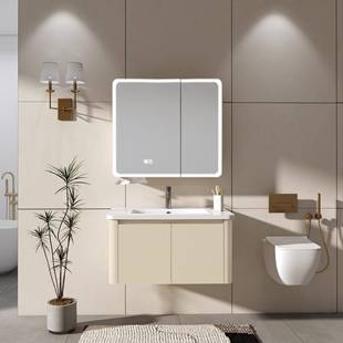 粤鹏奶咖色圆弧浴室镜柜挂墙式 智能美妆收纳镜柜一键除雾2328