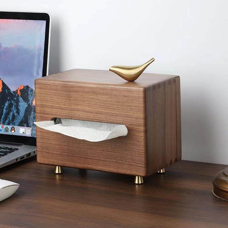 黑胡桃木纸巾盒家用客厅抽纸盒铜鸟纸抽盒桌面摆件木质纸巾收纳盒