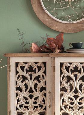 新品白色实木雕花玄收关式柜民装饰纳储物PAC柜子美复古做旧餐边