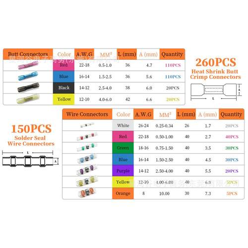 410PCS盒装热缩焊锡环150个2焊接密封连接器0和6pc防水s端子GBT套