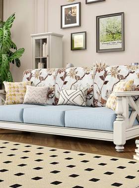 R美式白色沙发实木布艺复古家小6美乡村小型户客厅具三人位12LOM3