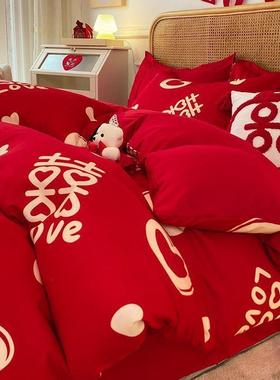 磨毛四件套床单被套结婚大红色婚庆床上用品三件套纯色加厚斜纹