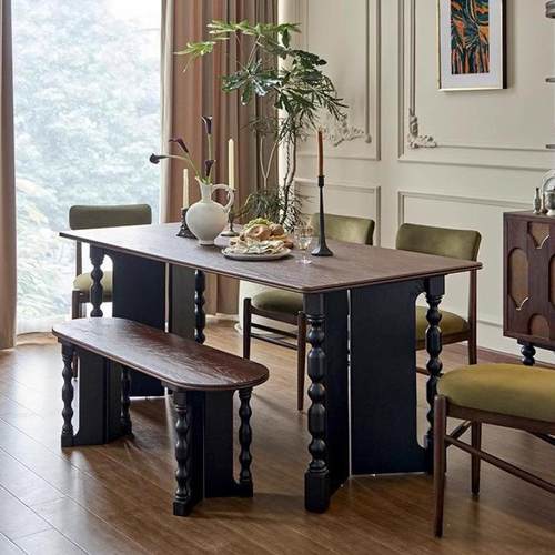 XW法式复古实木长方形餐桌家用中古风方桌饭桌多功能会议书桌餐厅