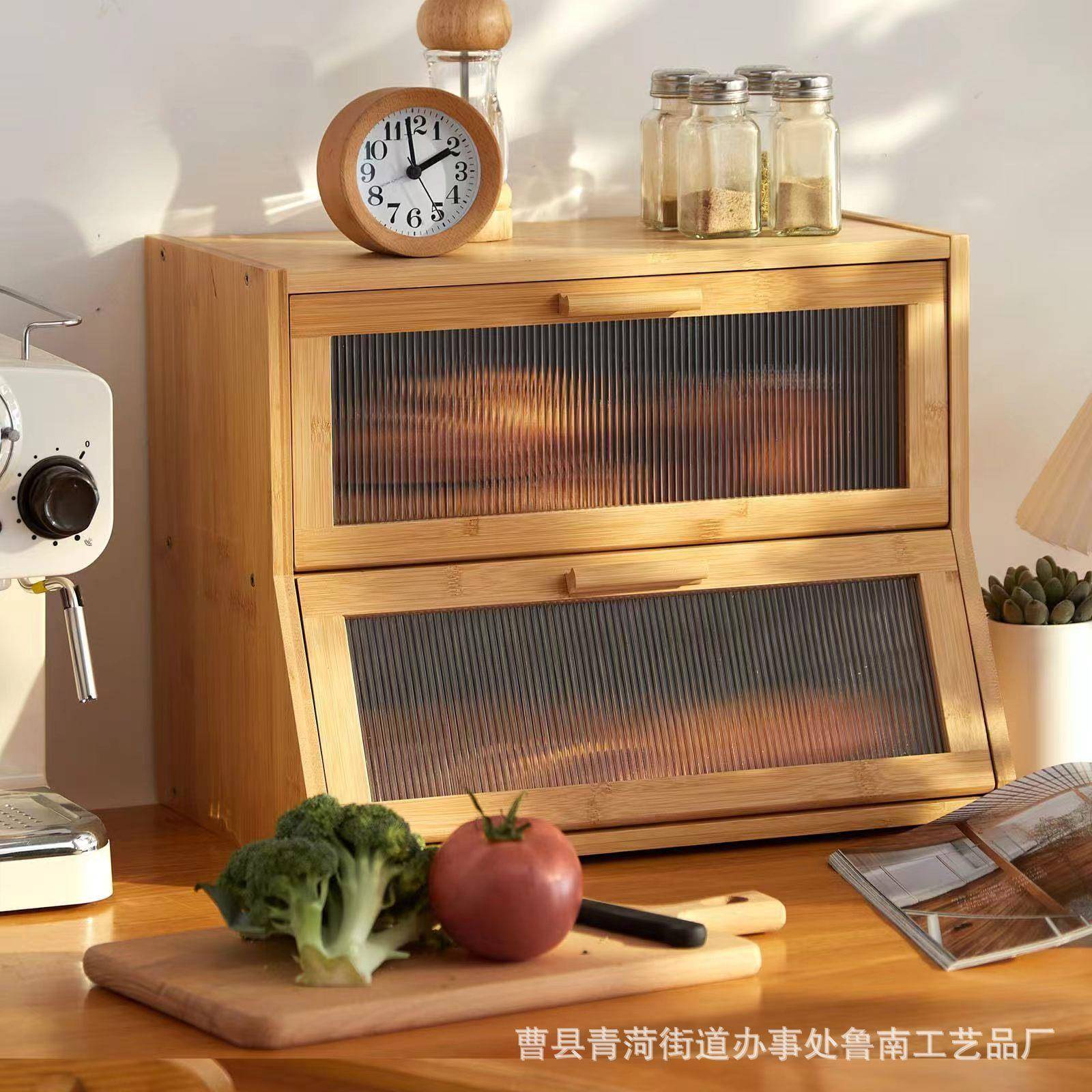 双层竹木面包箱厨房柜台大容量面包储存盒面包容器亚克力收纳柜