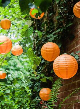 20Pcs橙色纸灯笼套装秋天庭院背景装饰景区氛围感圆形橘色纸灯笼