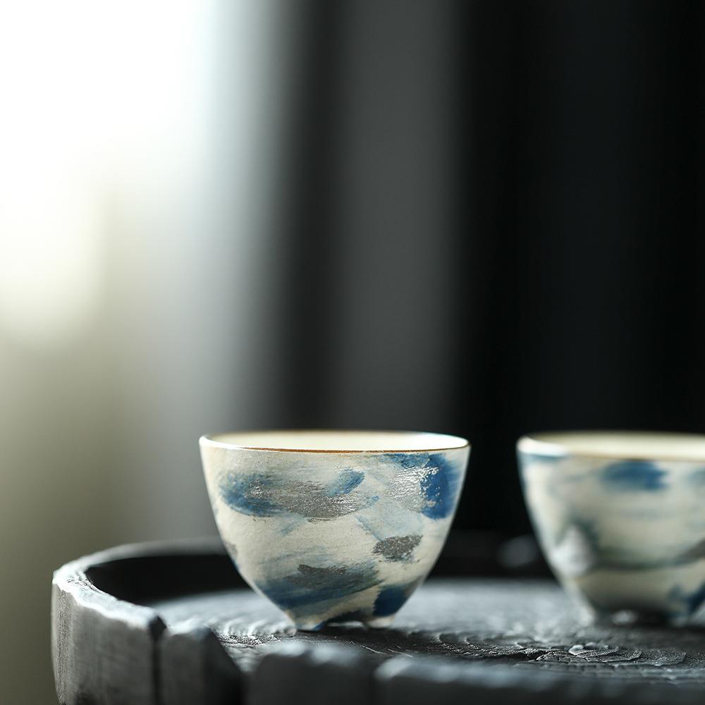 晴先生全手工陶泥薄胎月光海手绘三足胖嘟嘟单杯套组轻薄不烫手