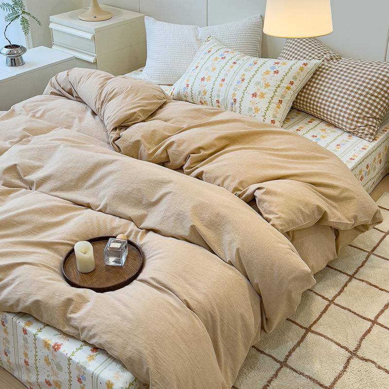 卡其色水洗棉混搭田园碎花床上四件套全棉1.5m1.8公寓被套三件套