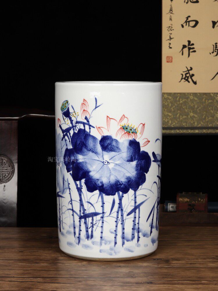 陶瓷器字画收纳大号手绘筒卷轴缸书画缸客厅家居摆件花瓶