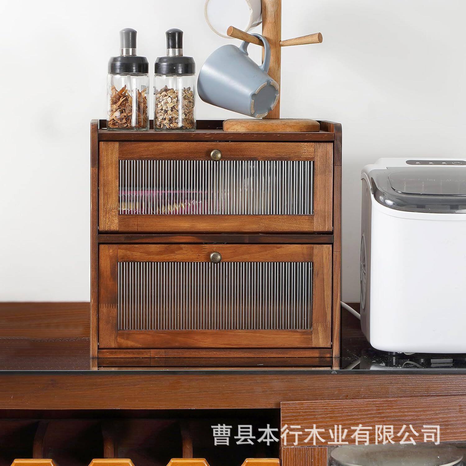 木质双层面包箱点心储存箱厨房台面调味品收纳箱翻盖式面包箱储物