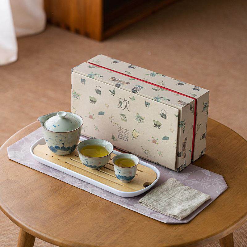 手绘荷韵青花快客杯户外旅行茶具套装个人便携式泡茶小套茶具