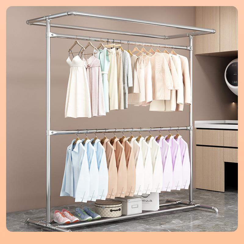 ⇕拉帘款钢管挂衣架简约室内置地镀锌钢管落地家用水管衣