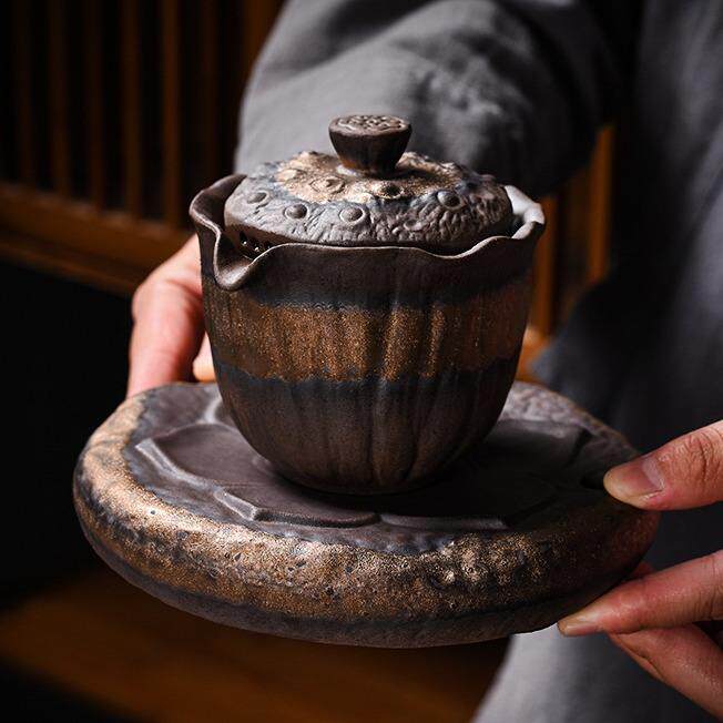 德玉堂粗陶复古鎏金手抓壶日式纯手工茶壶家用分茶器带壶垫茶组
