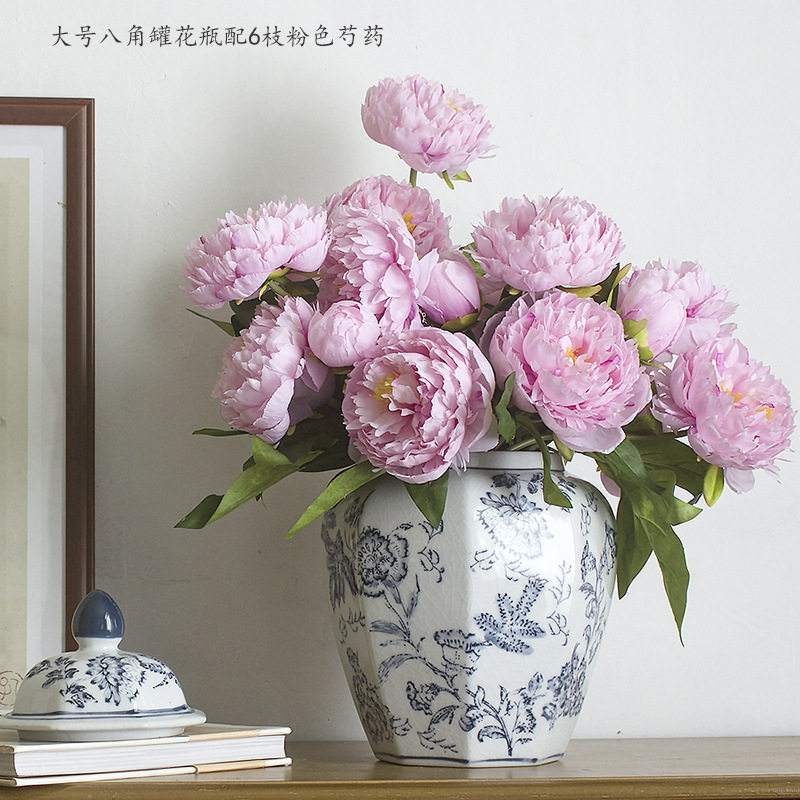 新中式手绘八角罐青花陶瓷花瓶玄关水培花器干花插花瓶创意花瓶