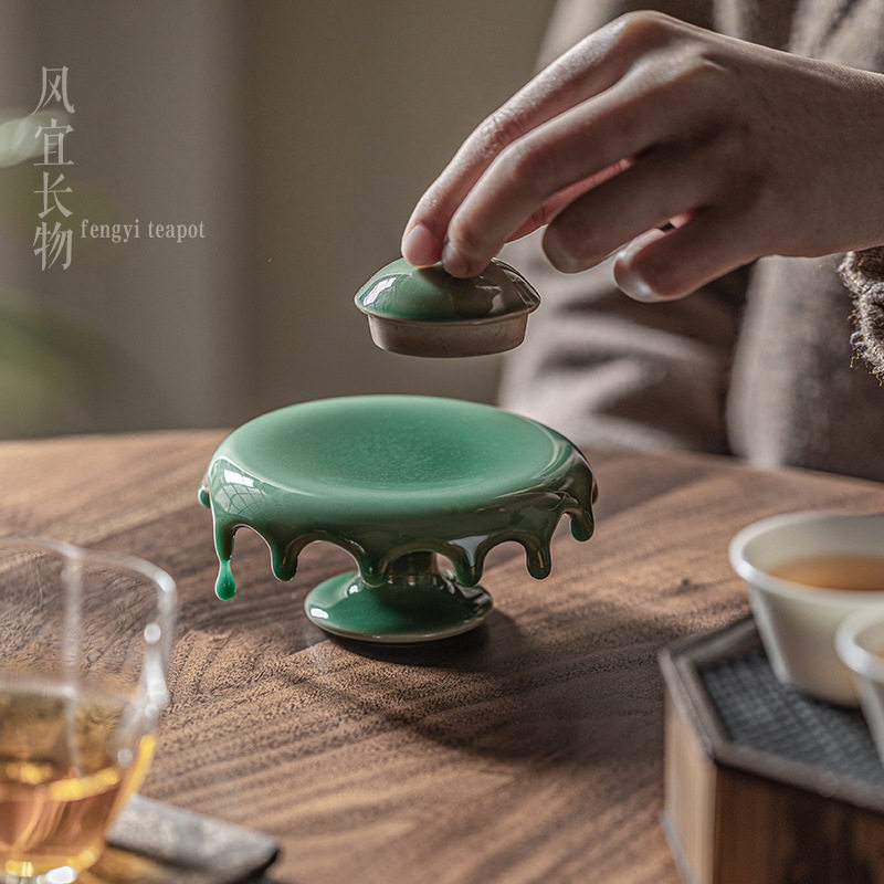 风宜长物 梅子青盖置盖柱青瓷壶承 中式复古茶道配件茶置茶具零配