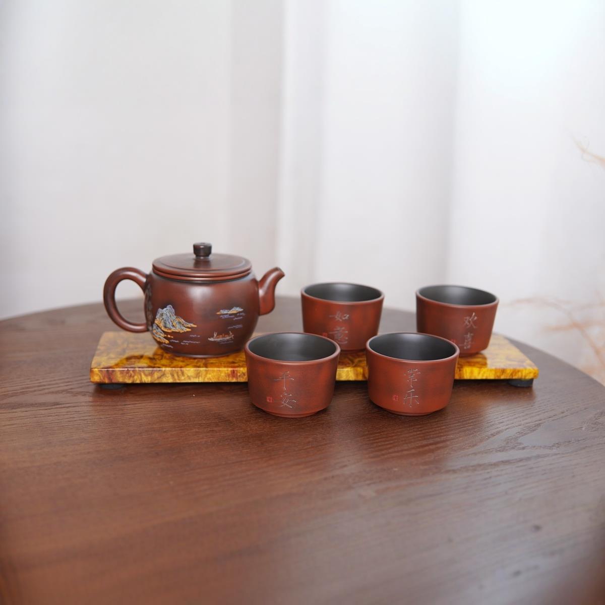 正宗紫茶壶原矿红色彩绘贴花山水汉瓦壶家用功夫泡茶壶茶具