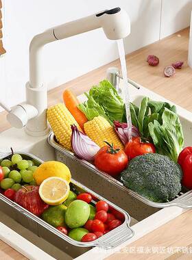 02754不钢加厚锈3沥水篮伸缩式滤水置物架碗盘菜碟收纳架水槽洗盆