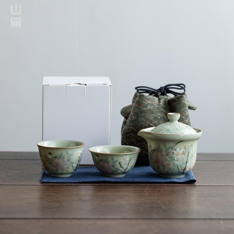 山鼎秘黄汝窑一壶两杯旅行茶具家用陶瓷便携式户外茶具手抓壶茶杯