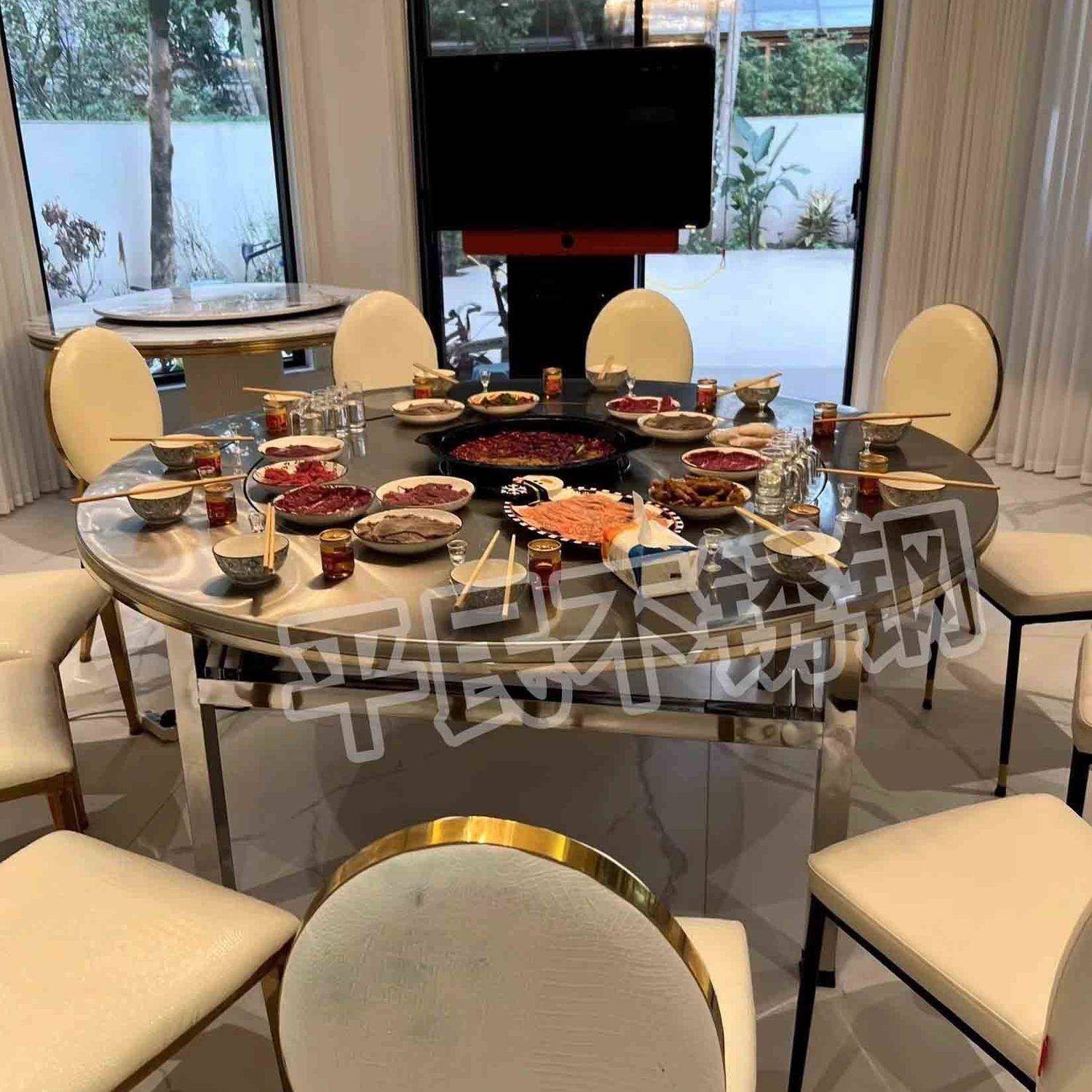 厚加不锈钢电炉餐桌内磁置转盘彩图折叠桌圆桌免安装酒桌席连VJP