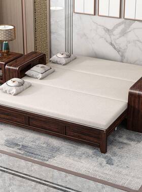 新中式紫金檀木实木沙汉发床一50510推体两用罗床拉沙抽拉式折叠