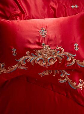 套新婚庆F959MMM6四件红色刺绣结婚床品双人婚被套嫁六件套