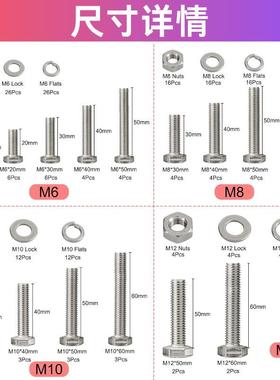 232pcs30不锈钢DIN93弹34六六角头螺栓外角平母75160套件M6M8M10M