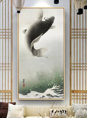 新中式玄关装饰招画廊道中走国风中堂JUS挂画过风水财鲤鱼茶室壁