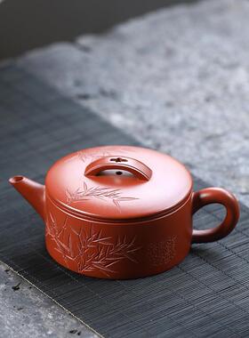 工101935竹宜兴手工正宗紫砂02壶中式茶壶纯手刻竹叶茶具竹刻汉瓦
